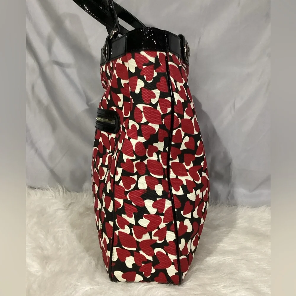 Tory Burch Red Hearts Canvas with Black Patent Leather Tote Shopper EUC